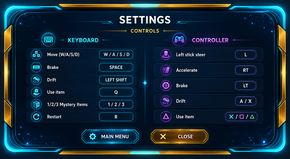 Settings — keyboard and controller controls